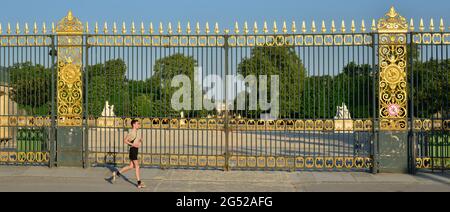 FRANCE. PARIS (1RST). JOGGER IN FRONT OF THE CLOSED GATES OF THE TUILERIES GARDEN DURING THE CONFINEMENT OF APRIL 2020. Stock Photo