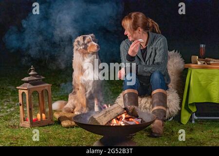 Young woman is eating a slice of baguette with brie. Her young Australian Shepherd dog sits next to her, looking at the bun with his puppy blue eyes. Stock Photo