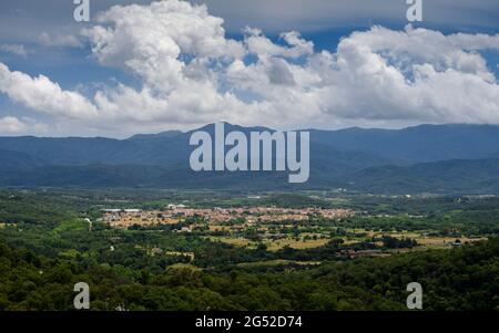 View of the town of Breda and the Hostalric valley seen from Fogueres de Montsoriu (La Selva, Girona, Catalonia, Spain) Stock Photo
