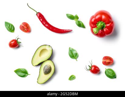 flat lay composition of various fresh vegetables isolated on white background, top view Stock Photo