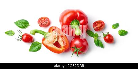 composition of various fresh vegetables isolated on white background, top view Stock Photo