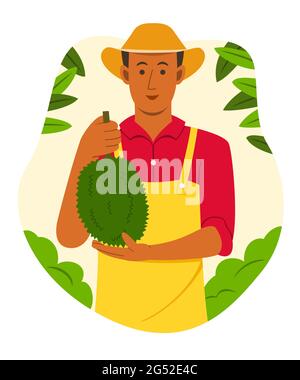 Asian Man Farmer Hold the Durian from Harvest in Tropical Fruit Garden. Stock Vector