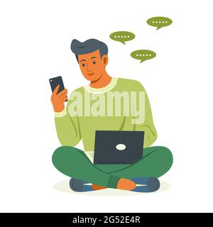 Freelance Man is Working with Laptop and Chatting by Mobile Phone. Stock Vector