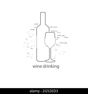 Wine bottle and glass thin flat design Stock Vector
