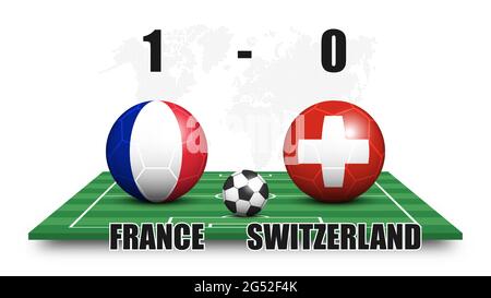 France vs Switzerland . Soccer ball and national flag pattern on perspective football field . Dots world map background . Football match result and sc Stock Vector