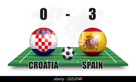 Croatia vs Spain . Soccer ball with national flag pattern on perspective football field . Dotted world map background . Football match result and scor Stock Vector