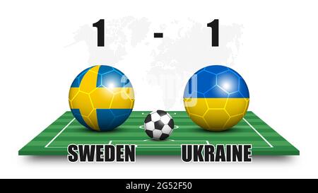 Sweden vs Ukraine . Soccer ball with national flag pattern on perspective football field . Dotted world map background . Football match result and sco Stock Vector