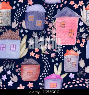 Cute Watercolor Houses and Flowers Seamless Pattern. Tender Kids Textile and Wrapping paper design. Watercolour buildings floral fabric pattern. Hand Stock Photo