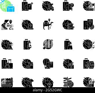 Types of tourism black glyph icons set on white space. Road trip, wine ...