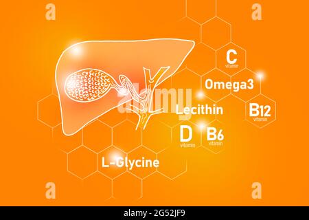 Essential nutrients for Gall Bladder health including Omega 3, L-Glycine, Omega3, Lecithin on positive orange background. Stock Photo