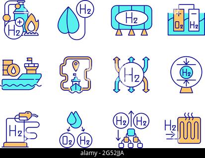 Hydrogen technologies RGB color icons set Stock Vector
