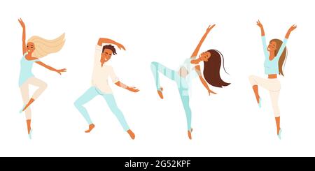 Dancers, cheerful people dancing, girls and boy engaged in modern dance, vector set of cartoon characters, flat people isolates Stock Vector