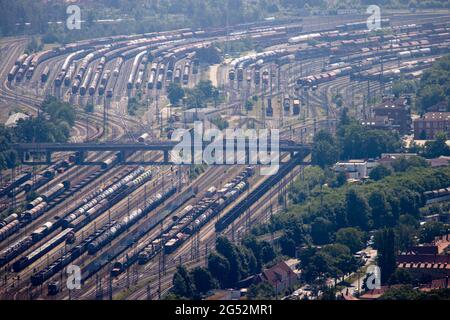 Nuremberg, Germany. 18th June, 2021. View in front of the telecommunication tower to the marshalling yard. Credit: Daniel Karmann/dpa/Alamy Live News Stock Photo