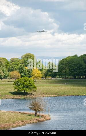 Emirates Airbus A380-842 over Tatton Park, Knutsford, taking off from Manchester Airport. One of the first departures following 'Covid Lockdown' Stock Photo