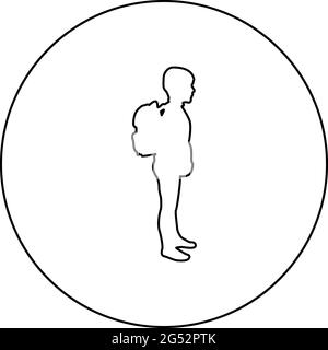 Schoolboy with backpack Pupil stand carrying on back Going to school concept Come back to school idea education Preschooler rucksack first September Stock Vector