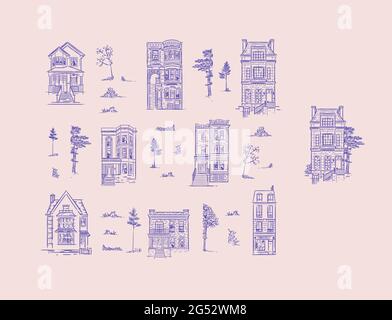Set of houses and garden trees drawing in old fashioned vintage style with blue lines. Mix your own composition. Stock Vector