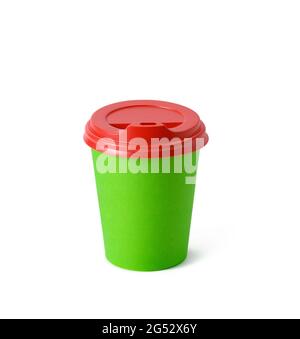 green paper cup with red plastic lid for takeaway drinks isolated on white  background. Container for coffee and tea Stock Photo - Alamy