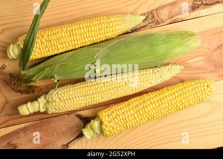 Four cobs of sweet organic corn, close-up, on a  wooden table, top view. Stock Photo