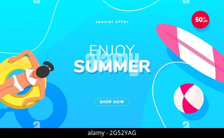 Blue abstract ocean seascape template banner with fluid liquid elements, beach accessoriesfor banner, greeting card, poster and advertising. Water Stock Vector