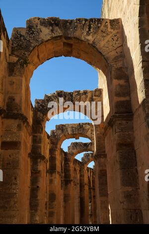 The arches inside the outer wall of El Jem amphitheatre, Tunisia Stock Photo