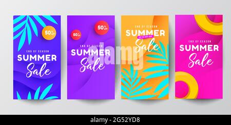 Vector set of social media stories design template. Summer story vector illustration with tropical leaves, bubble forms and beach accessories pattern Stock Vector