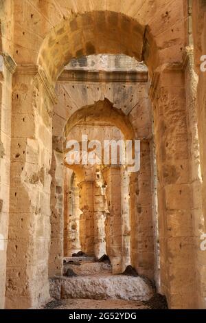 Archways, the interior construction of El Jem amphitheatre, Tunisia Stock Photo