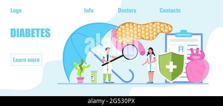 Insulin header concept vector. Diabetes mellitus, type 2 diabetes and insulin production concept. Pancreas and liver are shown. Stock Vector