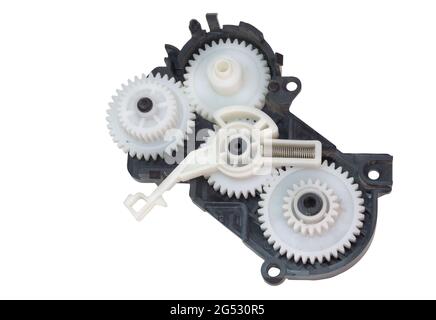 inkjet printer paper feeder mechanical drive. four external spur gear  wheels with different gear ratios. reducer of plastic cogwheels. with  clipping p Stock Photo - Alamy