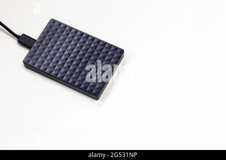 External hard disk drive isolated on white background, modern design for storage computer, laptop. Copy space,top view Stock Photo