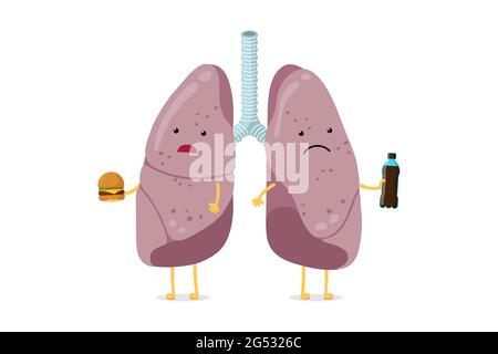 Unhealthy sick lungs cartoon character eat fast food and drink soda. Human respiratory system internal organ overeating and have dyspnea poor health. Obesity bad dangerous habit addiction vector eps Stock Vector