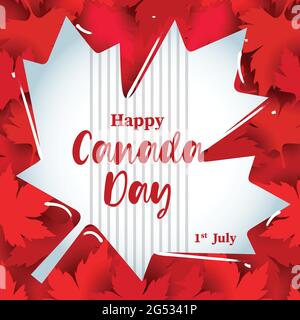 Happy Canada day poster. Grey color maple leaf illustrate on the red color maple leaves background. Canada day calligraphic lettering on maple leaf Stock Vector