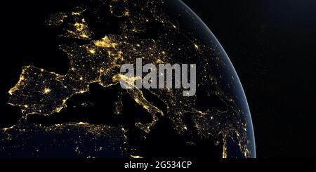 Europe at night in the earth planet rotating from space Stock Photo