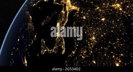 View of Italy at night in the earth planet rotating from space Stock Photo