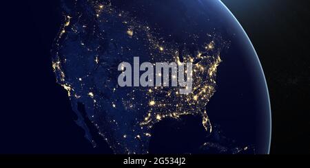 North America at night in the earth planet rotating from space Stock Photo