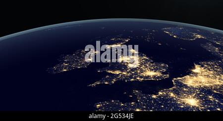 United Kingdom at night in the earth planet rotating from space Stock Photo