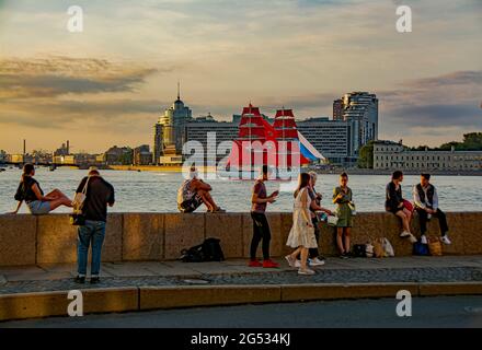 Celebration of graduates of Russia which is held on white nights in St. Petersburg. Stock Photo