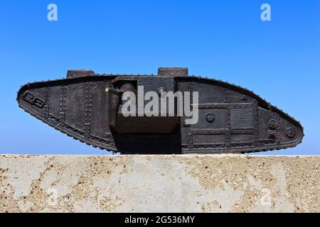 Model of a Mark IV (Mk IV Male) at the First World War Tank Corps Memorial in Pozieres (Somme), France Stock Photo