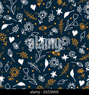 Seamless vector pattern with simple flowers on blue background. Beautiful small floral wallpaper design. Decorative ditsy fashion textile. Stock Vector
