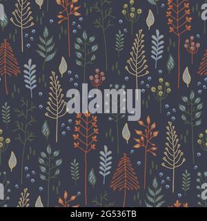 Seamless vector pattern with branches on blue background. Decorative forest wallpaper design. Winter tree fashion textile. Stock Vector