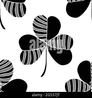 Seamless vector pattern with black clover leaf on white background. Good luck symbol wallpaper design. Decorative floral fashion textile. Stock Vector