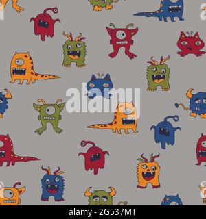 Seamless vector pattern with cartoon monsters on grey background. Funny alien wallpaper design for children. Simple comic fashion textile for boys. Stock Vector