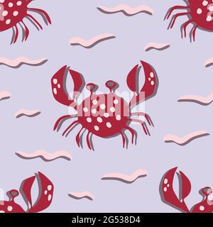 Seamless vector pattern with crabs on blue background. Simple hand drawn lobster wallpaper design. Sea life fashion textile. Stock Vector