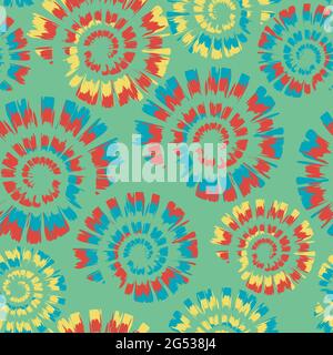 Seamless vector pattern with colourful tie dye spiral on green blue background. Artistic shell fossil wallpaper design. Decorative fashion textile. Stock Vector