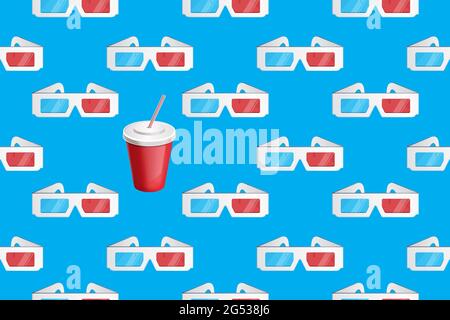 3d glasses and soda vector pattern on blue Stock Vector
