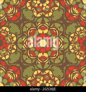 Seamless vector pattern Moroccan style lace texture with red and green colours. Simple ethnic tribal background. Mosaic fashion textile. Stock Vector