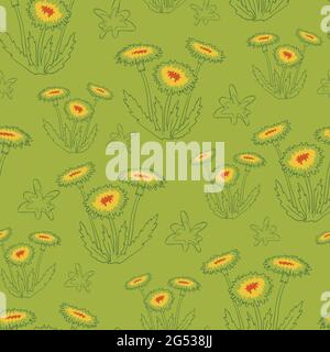 Seamless vector pattern with dandelions on green background. Simple floral wallpaper line art. Flower fashion textile design. Stock Vector