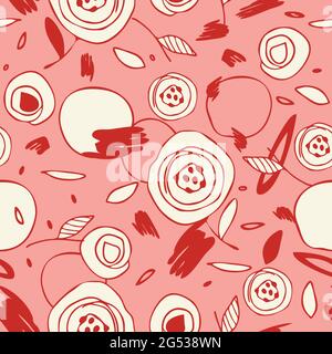 Seamless vector pattern with abstract flower texture on pink background. Simple floral sketch wallpaper design. Modern fashion textile texture. Stock Vector