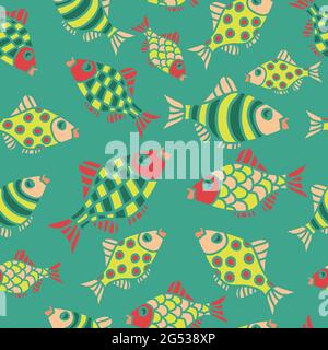Seamless vector pattern with funny colourful fishes on light green background. Stripes and dots on fish. Children fabric design. Stock Vector