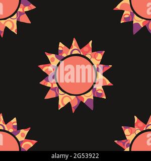 Seamless vector pattern with artistic sun on black background. Decorative boho wallpaper design. Happy pink sun fashion textile. Stock Vector