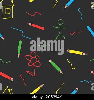 Seamless vector pattern with pencils and children's drawing on dark grey background. Kids wallpaper blackboard design. Stock Vector